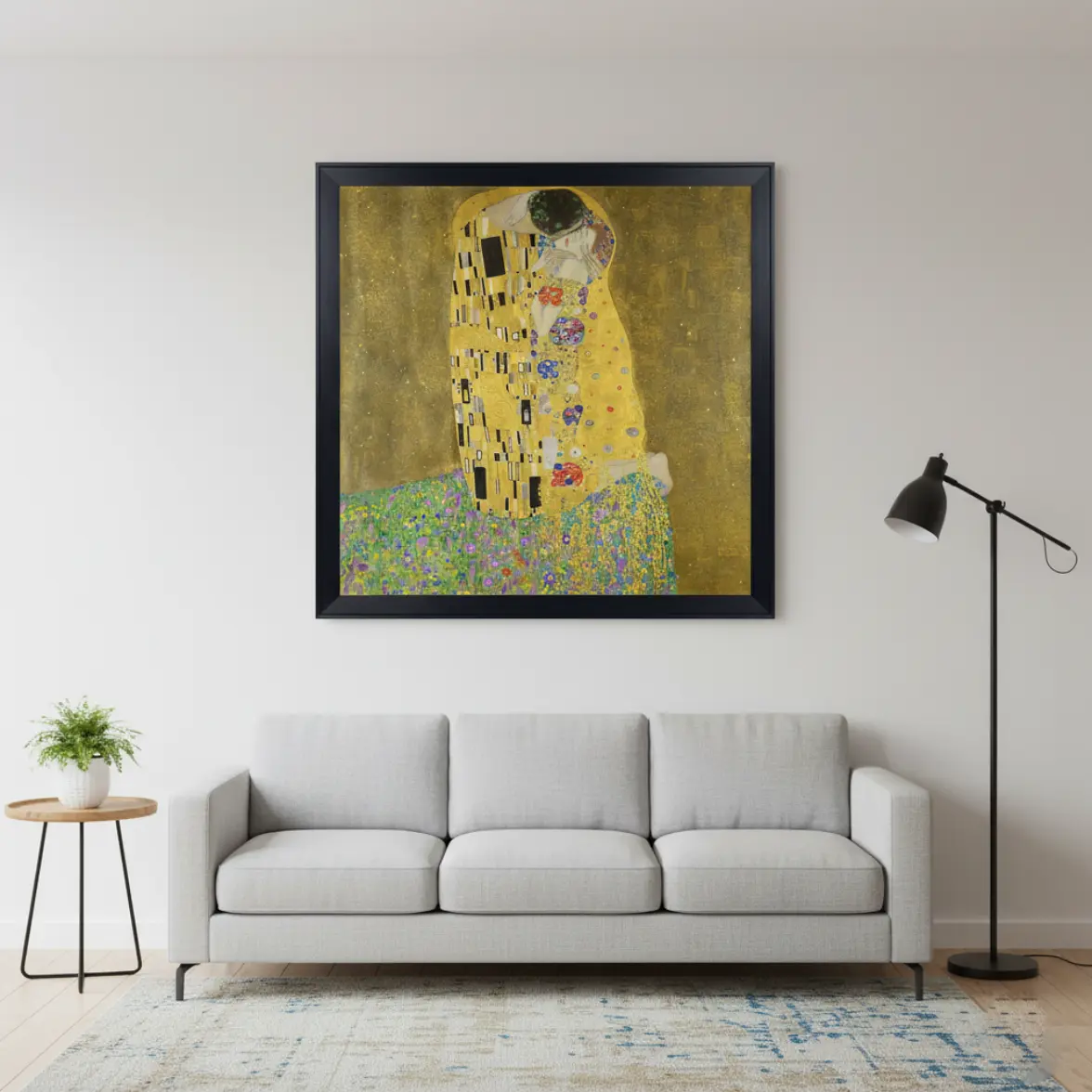 Margot Standard Black Wood Frame of The Kiss by Gustav Klimt in a Modern Interior | GFM Painting